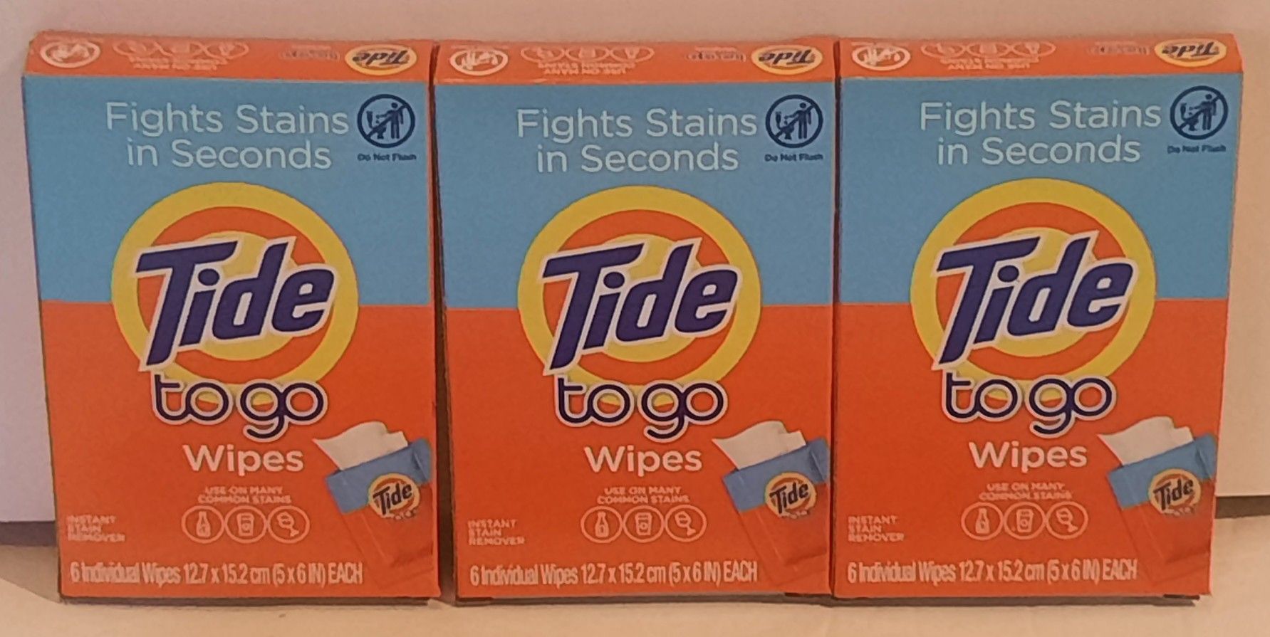 (3) Tide To Go Wipes Instant Stain Remover 6 Individual Wipes per Pack