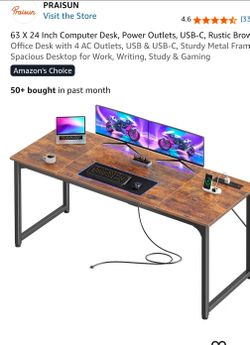 63 X 24 Inch Computer Desk, Power Outlets, USB-C, Rustic Brov Office Desk with 4 AC Outlets, USB & USB-C, Sturdy Metal Fram Spacious Desktop for Work,