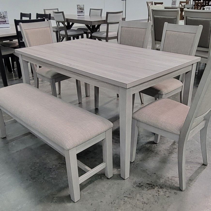 ✅️✅️6 pc  ligght grey finish wood dining table set padded seat chairs and bench
