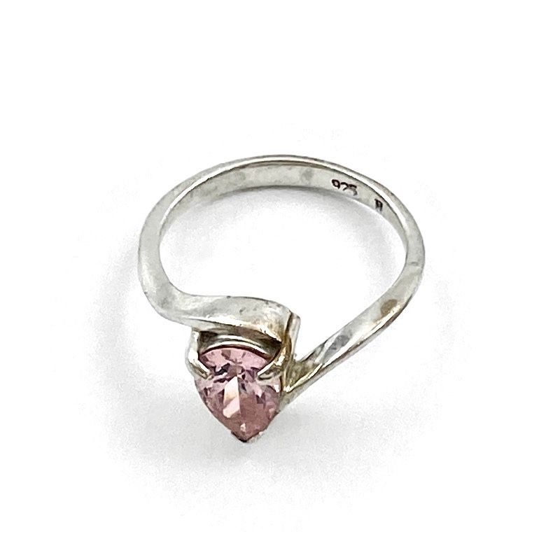 Vintage 925 Sterling Pear Cut Pink Cubic Zirconia Solitaire Minimalist Bypass Ring Signed, Engagement Prom