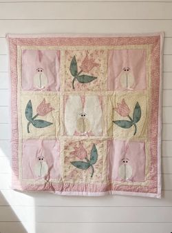 Handmade baby crib quilt 33in by bunnies and tulips pink, yellow, white, and green