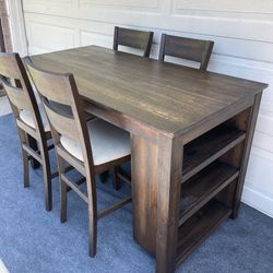5-PC RUSTIC HIGH TOP GRAY/BROWN FINISH DINING SET (TABLE WITH SHELVES AND 4 PADDED CHAIRS)