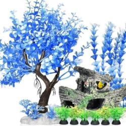 Aquarium Fish Tank Decorations Blue Tree Shipwreck Decor Sunken Ship Ornament