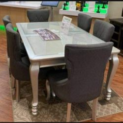 Rectangular Extension Glass Table And 6 Chairs Metallic Silver Dining Set 👉 Kitchen Table And Chairs 🌟 Brand New 💥 Great Financing Options👍