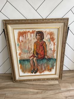 Large Mid Century Vintage Original Framed Painting On Canvas