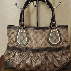 Authentic Gucci Beige and Brown Crystal Coated Canvas Hobo Bag
