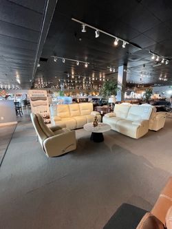 Beige Power Reclining Sofa and Loveseat