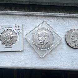 1953 Benjamin Franklin And Half Dollar And Two Ike Dollars