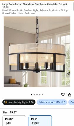 Large Boho Rattan 5-Light Farmhouse Chandelier 19.5in