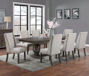 9 Piece Contemporary Formal Dining Table Set 8 Chair Nailhead Designer Staging Modern Furniture SALE Large Dining Room Kitchen Big Long Extension Leaf