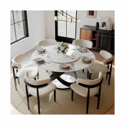 Maxwell Modern Round Dining Table, Sintered Stone Tabletop with Lazy Susan, Carbon Steel Base Pre-Assembly