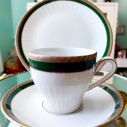 Zeh Scherzer Vintage 40's Tea Cup Saucer Plate 6 Trios Bavaria Emerald Green Gold