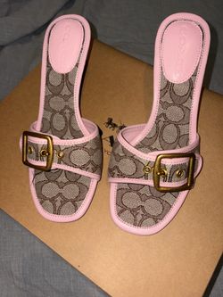 Brown and pink Jacquard Coach Margot kitten heels with gold buckle detailing