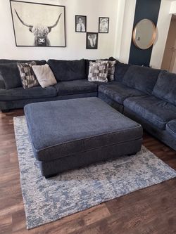MAKE OFFERDark Blue Fabric Sectional Sofa with Ottoman