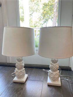 White Ceramic Owl Table Lamps – Matching Pair with Linen Shades