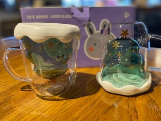 NEW! Christmas Tree Double Layer Glass Mug Set w/ Lids (Set of 2)