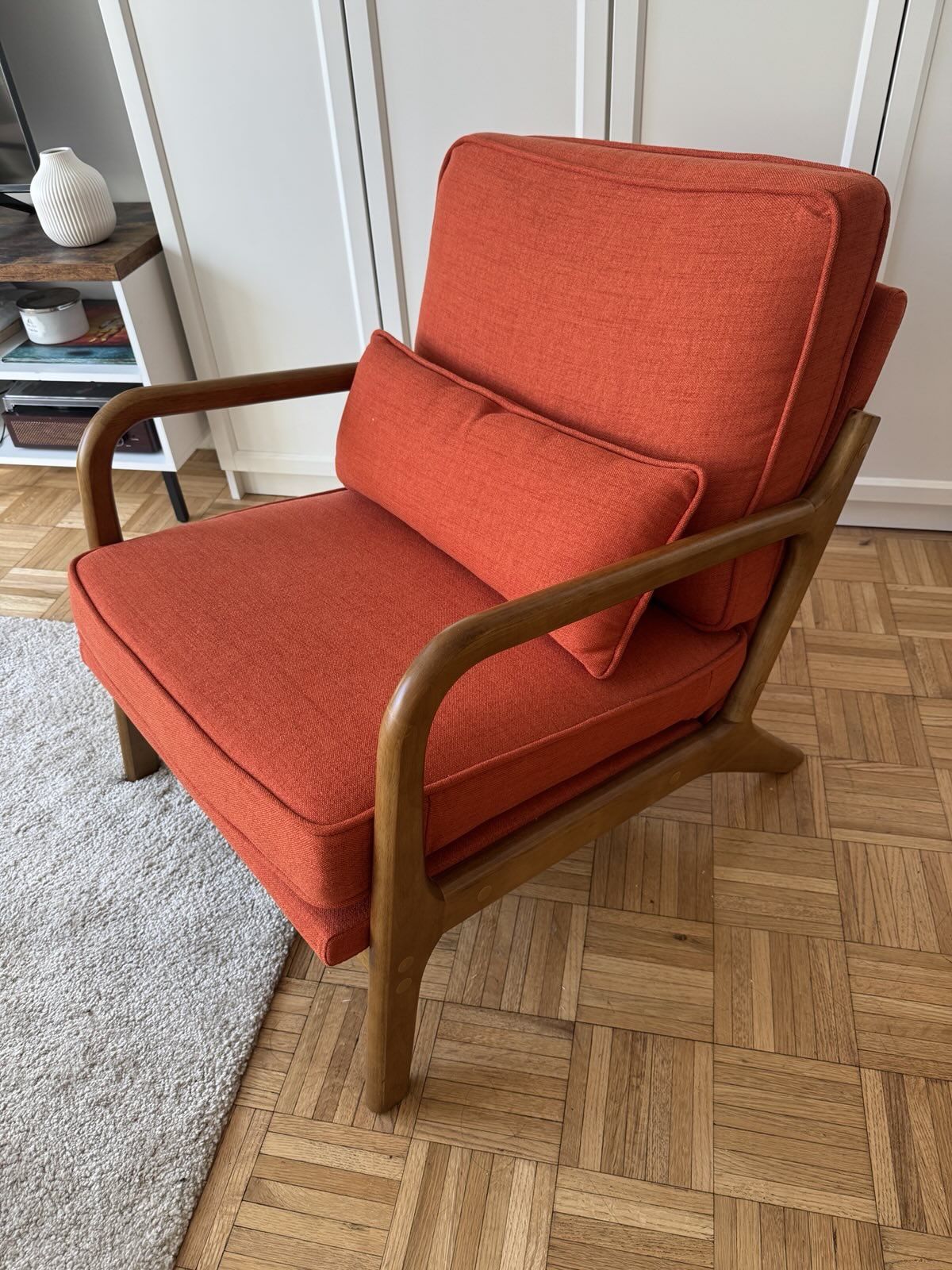 Burnt Orange & Wood Arm Accent Chair