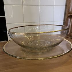 Jeanette Clear Glass Platter and Large Bowl With Flower Camellia Pattern Vintage
