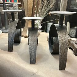 Unique Set Of Heavy Hammered Iron/metal Pillar Candle Holders