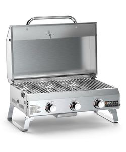 Tabletop Gas Grill 3 Burners, Portable Propane BBQ Grill with Foldable Legs & 22" Stainless Steel Grate for Outdoor Patio Backyard Barbecue, Camping T