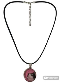 Stainless Steel Black & White Cat Pendant 1 Inch w/ Suede 18” Chain