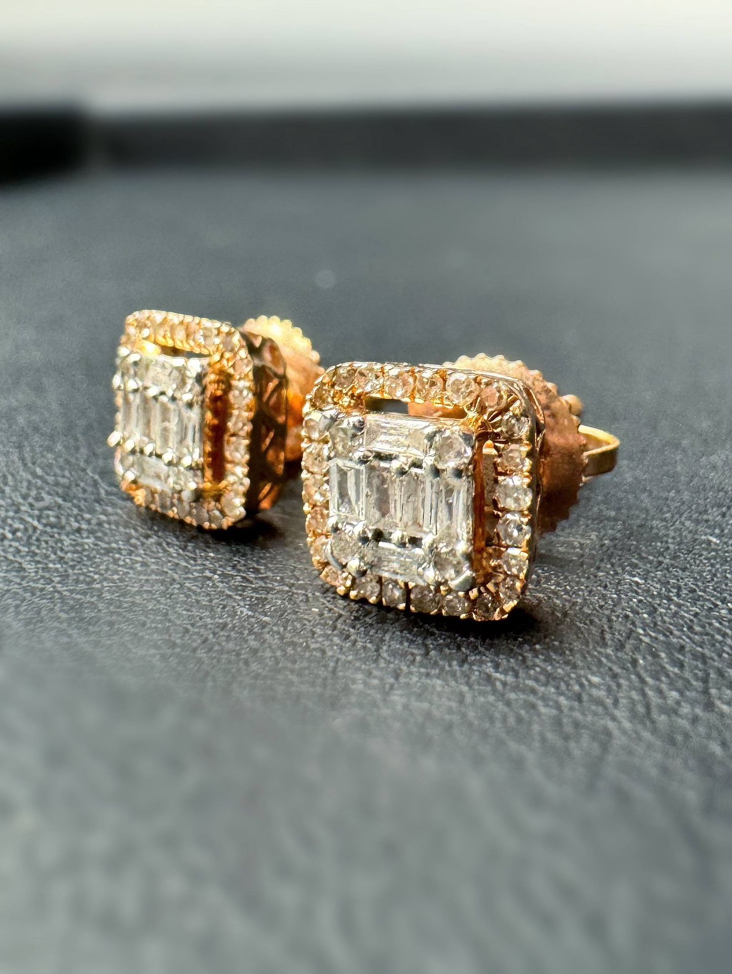 14k rose gold 1CTW natural diamond round & baguette cut stud earrings