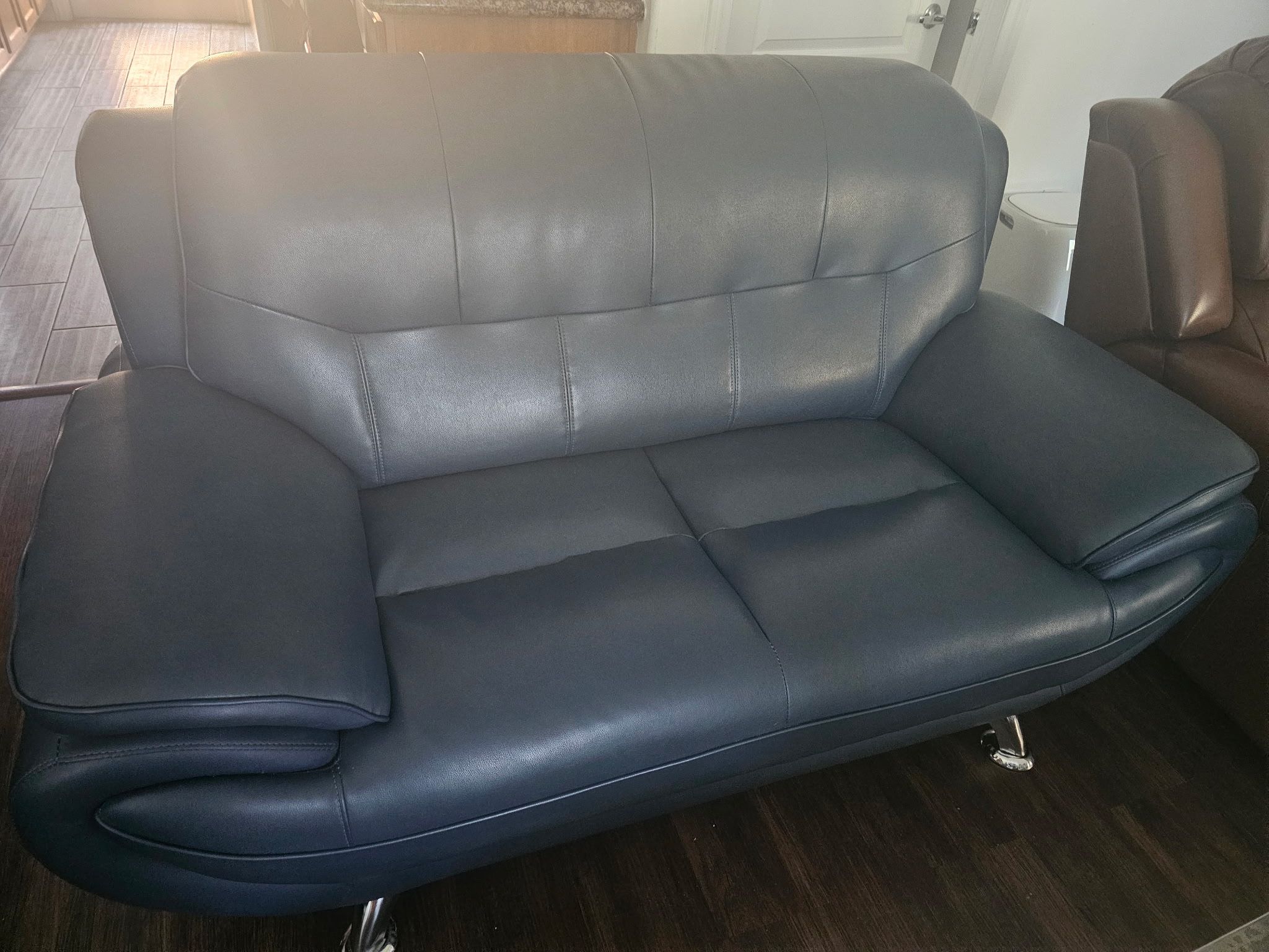 Modern Blue Leather Loveseat with Chrome Legs
