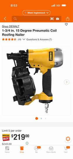 DEWALT 1-3/4 in. 15 Degree Pneumatic Coil Roofing Nailer