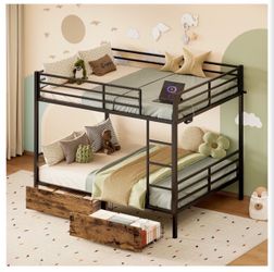 Twin Over Twin Metal Bunk Bed with 2 Rolling Under-Bed Storage Drawers
