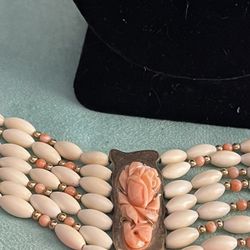 Vintage Coral White And Peach Wide Necklace With Coral Rose In Center. 