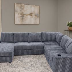 IKEA Gray Corduroy Modular Sectional Sofa w/ Chaise, Storage, USB Charger & Cup Holders Like-New
