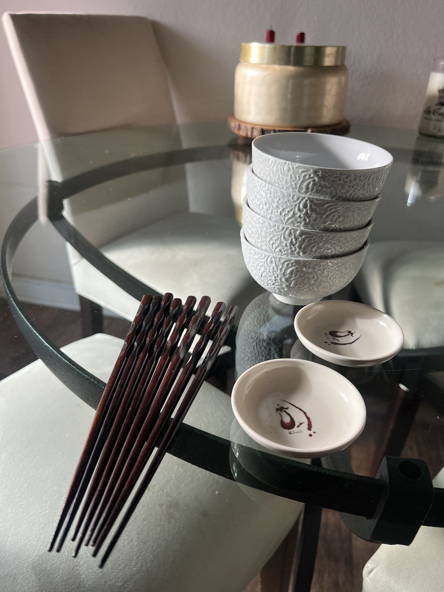 Asian Dining Set: 4 Embossed Rice Bowls, 8 Chopsticks, 2 Soy Dishes - World Market Style