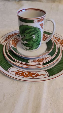 Vintage Fitz & Floyd Green Dragon China 6pc Place Setting 4 Plates 1 Mug 1 Bowl