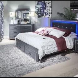 Lodanna Gray LED Headboard , Footboard With Storage Panel Bed Queen Size 🌟🌟🌟 Brand New 💯 Showroom Available ✅