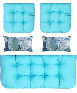 New! Set of 5 Loveseat Patio Cushions Bench Seat Pads Pillows Sky Blue Tufted padding with matching throw pillows, complete replacement cushion kit fo