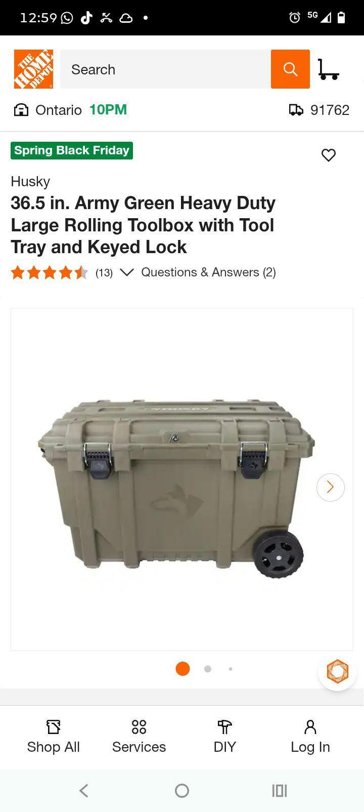 Husky
36.5 in. Army Green Heavy Duty Large Rolling Toolbox with Tool Tray and Keyed Lock