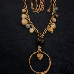 22” Goldtone Chain Necklace With Dangling Hearts And Pearls With Attached Pendant,By 1946