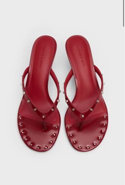 Studded Heeled Thong Sandals - Red