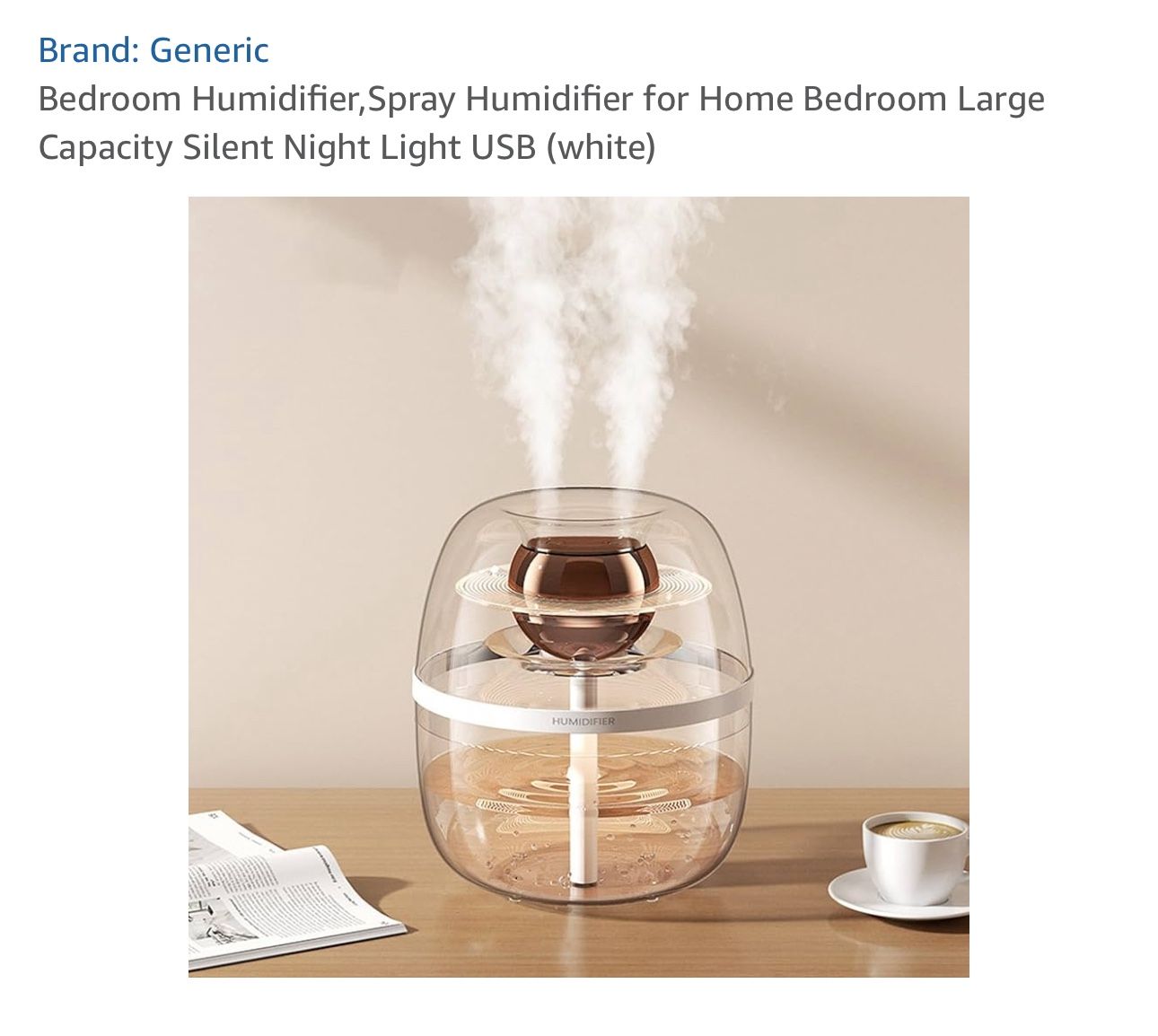 Bedroom Humidifier,Spray Humidifier for Home Bedroom Large Capacity Silent Night Light USB (white