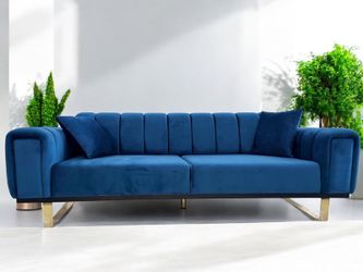 Mid-Century Modern Blue Velvet Sofa Couch with Metal Gold Legs, Three Seat Tufted Loveseat Couches, 