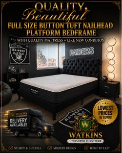 🛏️ LIKE NEW FULL SIZE UPHOLSTERED PLATFORM BED + MEMORY FOAM HYBRID MATTRESS