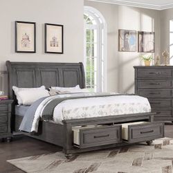 Grey Wooden King Bed Dresser Mirror Nightstand Chest $1600