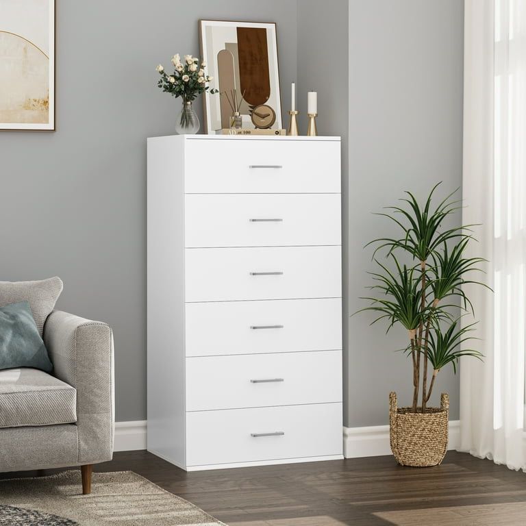 White Dresser with 6 Drawers, Vertical Chest of Drawers Wood Storage Cabinet for Bedroom Living Room
