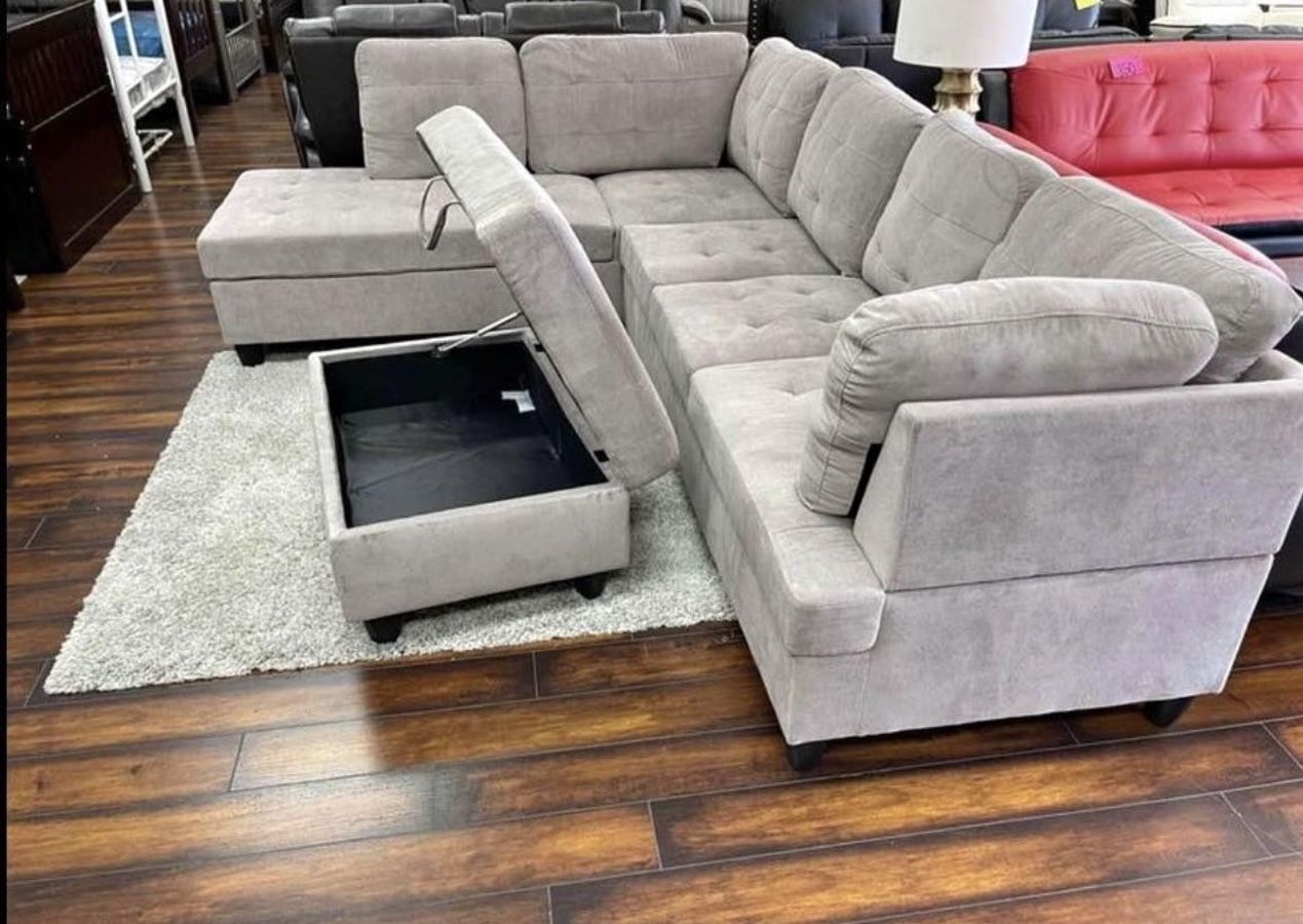 COSTCO grey Chenille Sectional Couch And Ottoman