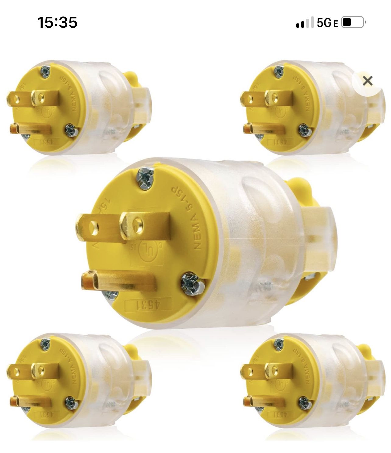 ELEGRP Lighted 15 Amp 125 Volt NEMA 5-15P 2 Pole 3 Wire Grounding Straight Blade Electrical Plug Replacement Cord Outlet Commercial Grade, Yellow, 5 P