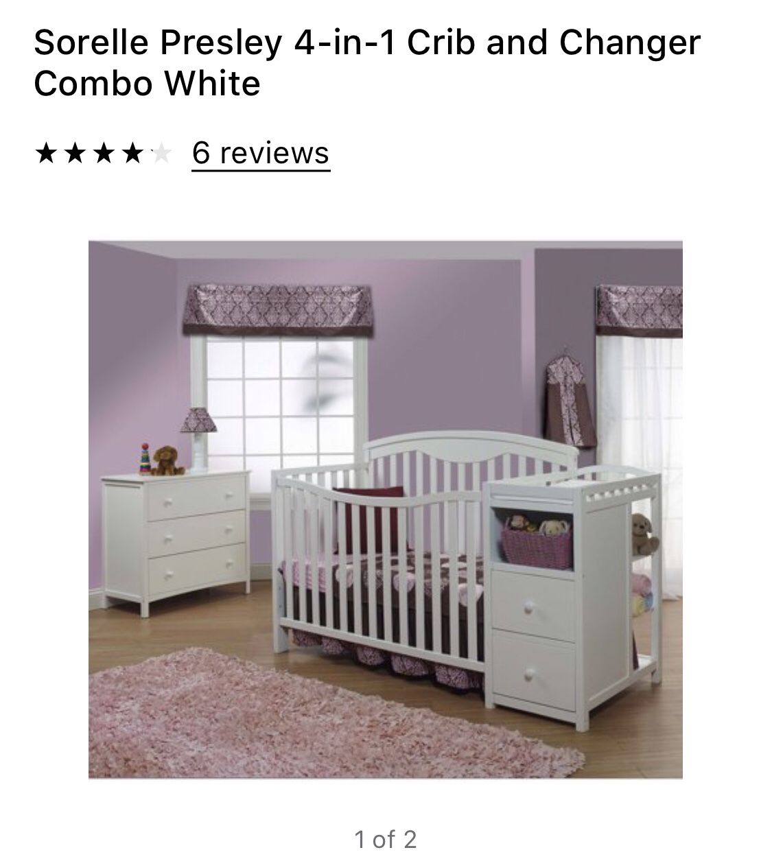 Sorelle Presley 4-in-1 Crib & Changing Table Combo w/ Seally Cozy Rest Crib Matress & Changing Pad