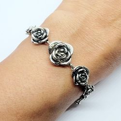 925 Sterling Silver ladies women's floral flower rose bracelet Gift