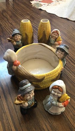 Salt &pepper, candle holder set and candy dish plate Harvest corn theme