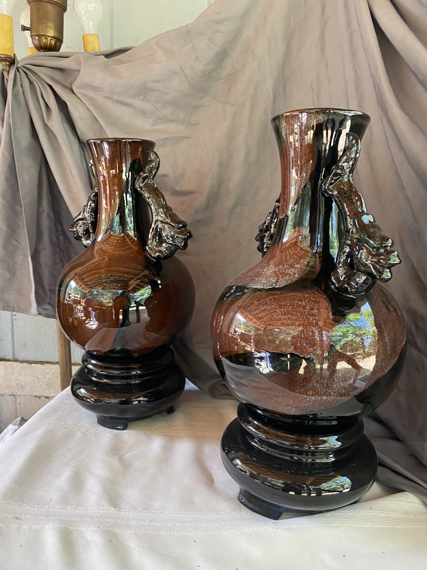 Vintage Vases Exceptionally Beautiful! Pair Are Dark Red/Brown Glazed Studio Pottery With Matching Black Bases. 