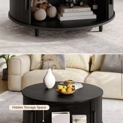 Members-Only Deal 36.5"W Round Solid Wood Spacious Coffee Table Drum Table with Fluted Design